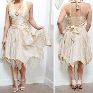 Y2K Champagne Taffeta & Tulle Prom Dress w/ Rosettes and Ruffles, Women's Medium